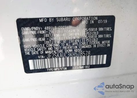 2019 Subaru Forester Limited z USA, uszkodzony, nr VIN JF2SKAUC3KH578578